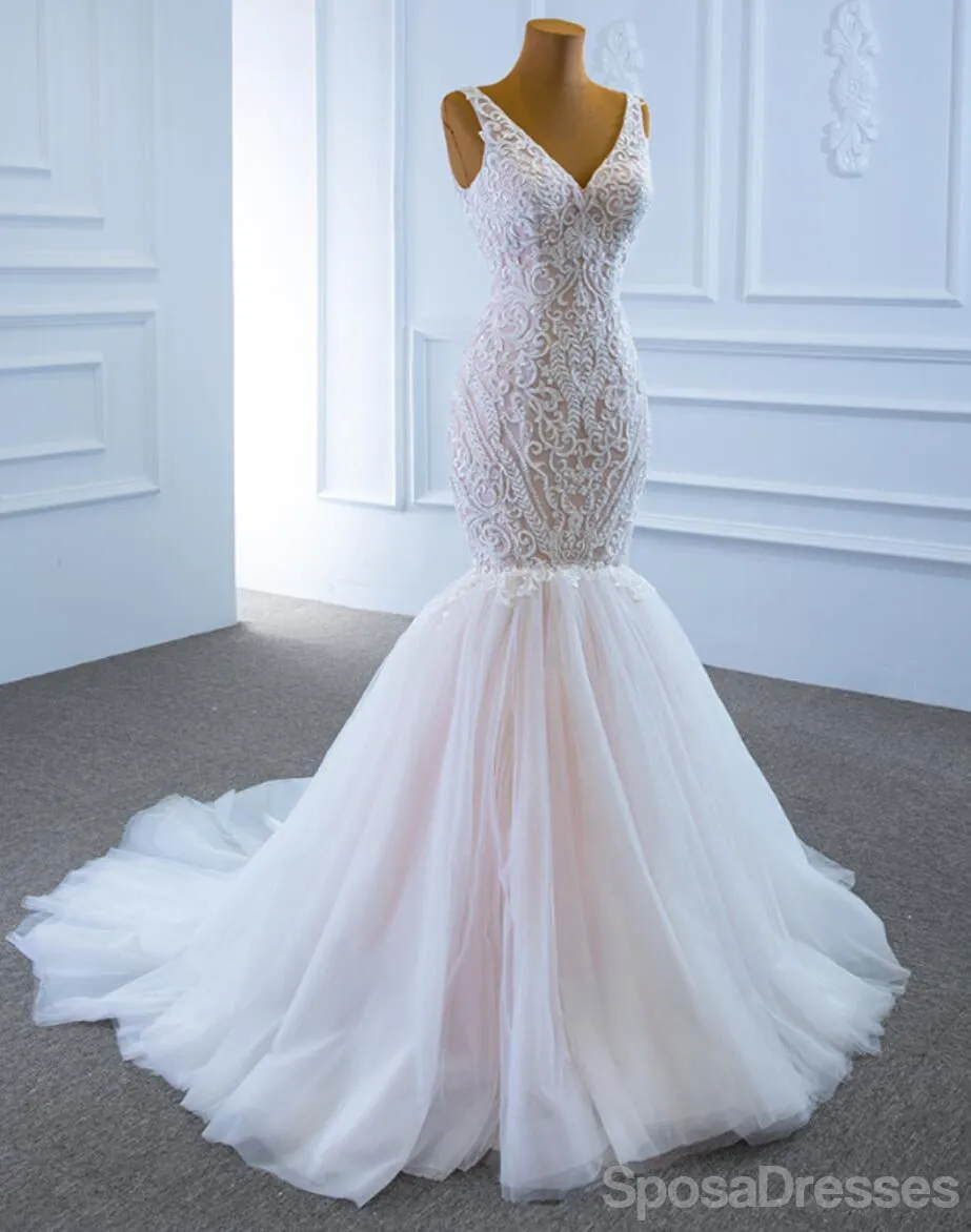Unique V Neck Lace Mermaid Wedding Dresses, Cheap Wedding Gown, WD722