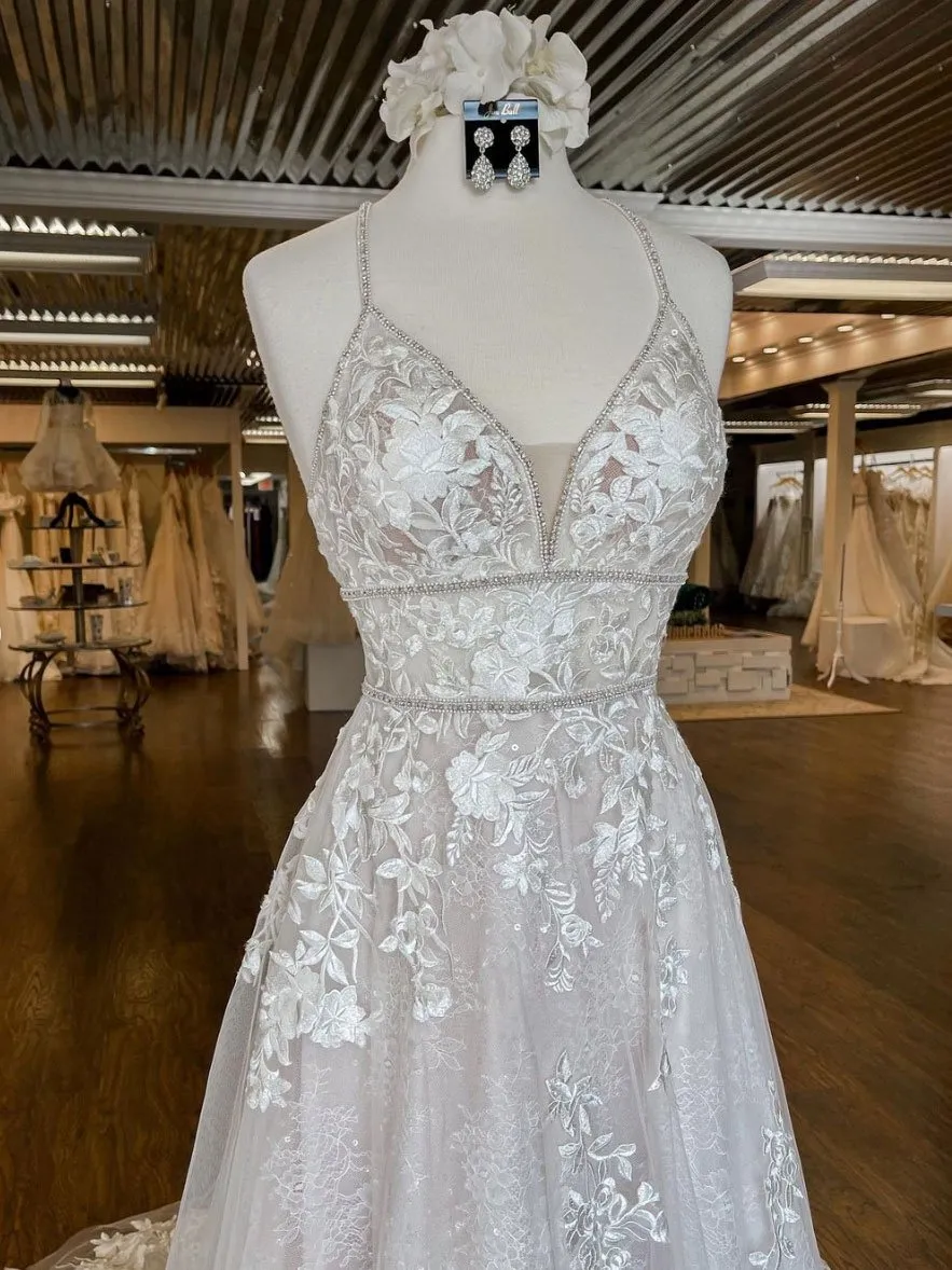Unique V Neck Tulle Lace Spaghetti Straps Long Wedding Dress With Appliques OK1161