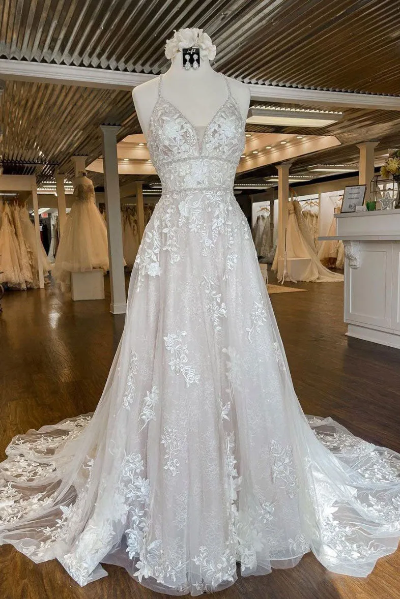 Unique V Neck Tulle Lace Spaghetti Straps Long Wedding Dress With Appliques OK1161