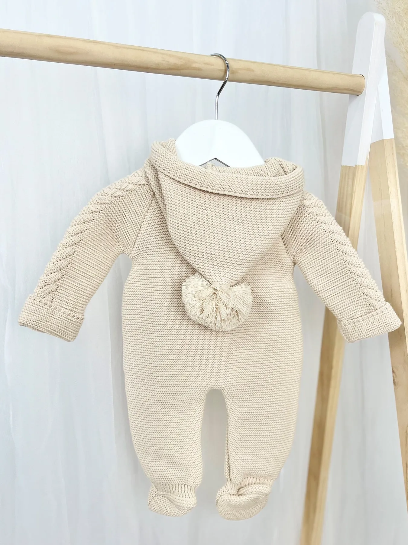 Unisex Taupe Knitted Pramsuit with Pom Pom Hood