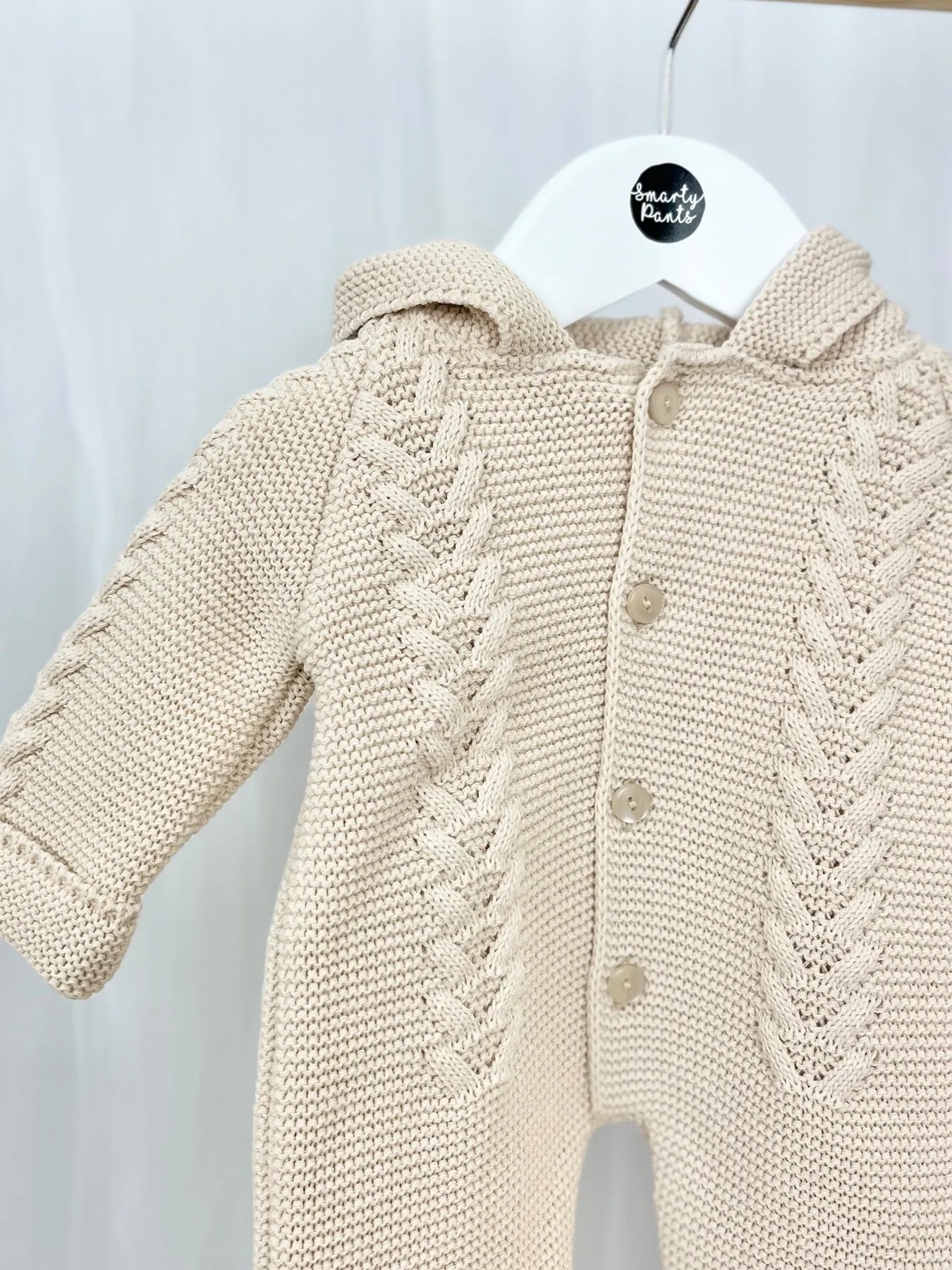 Unisex Taupe Knitted Pramsuit with Pom Pom Hood
