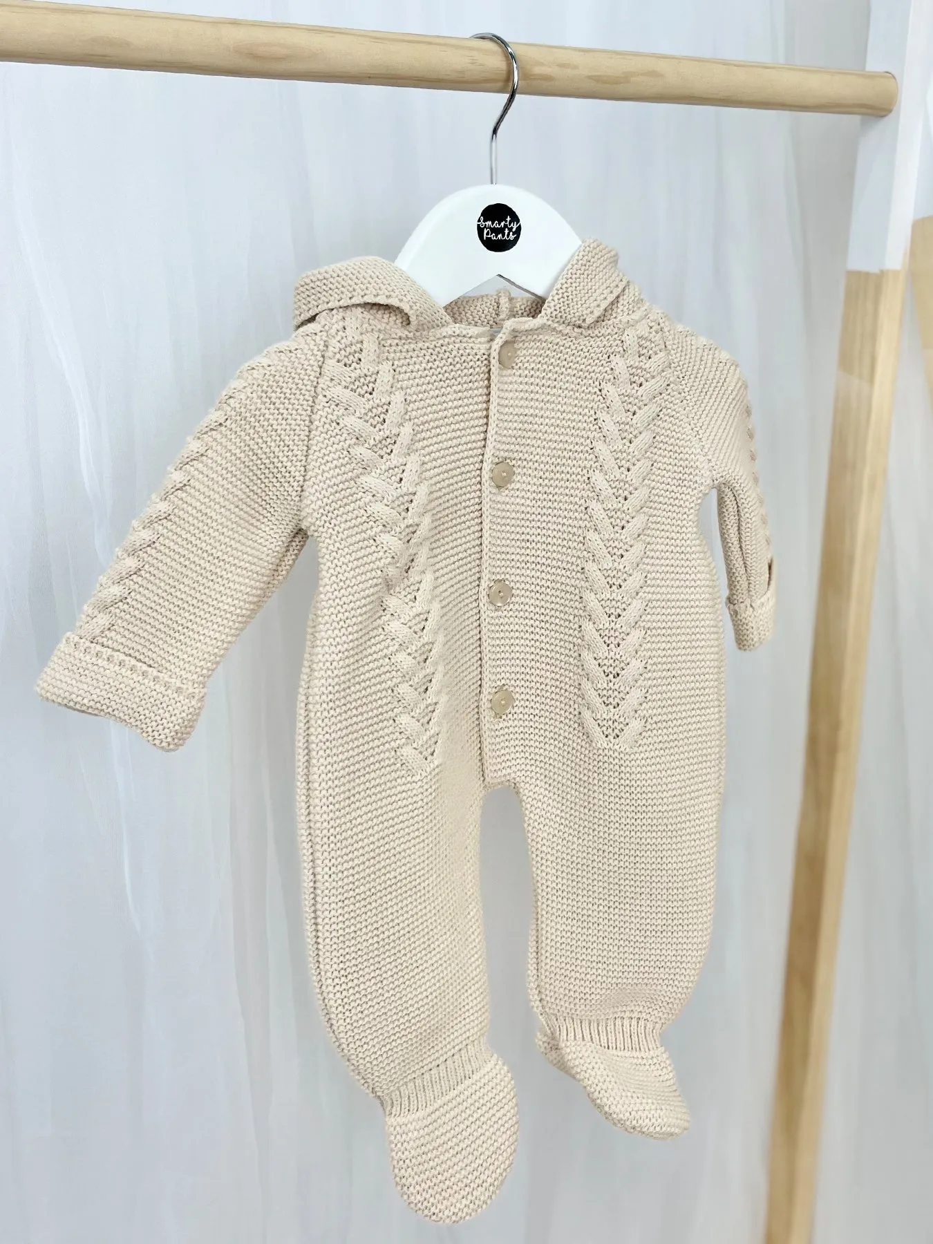 Unisex Taupe Knitted Pramsuit with Pom Pom Hood