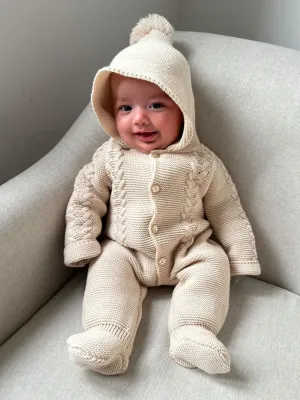 Unisex Taupe Knitted Pramsuit with Pom Pom Hood