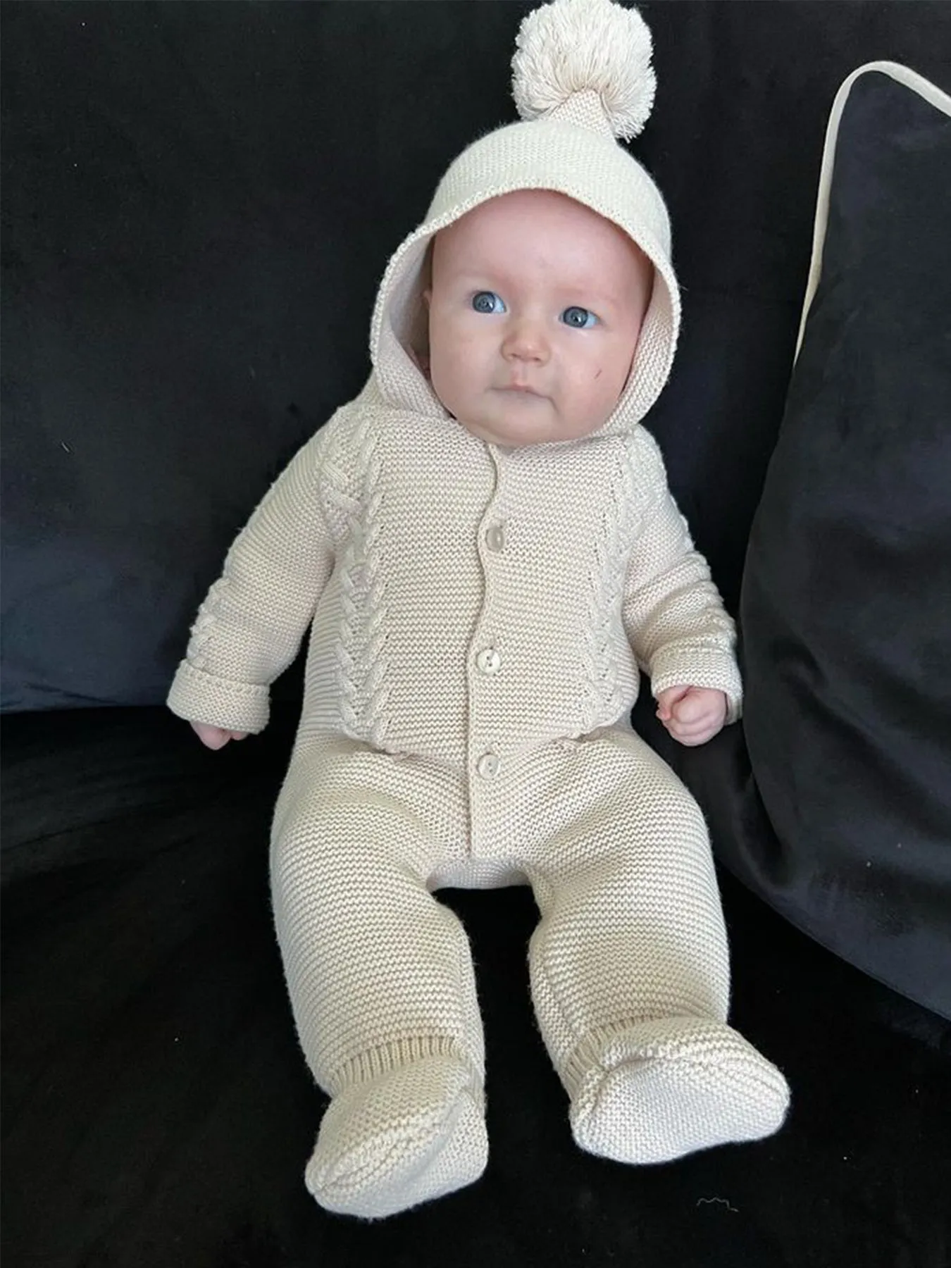 Unisex Taupe Knitted Pramsuit with Pom Pom Hood