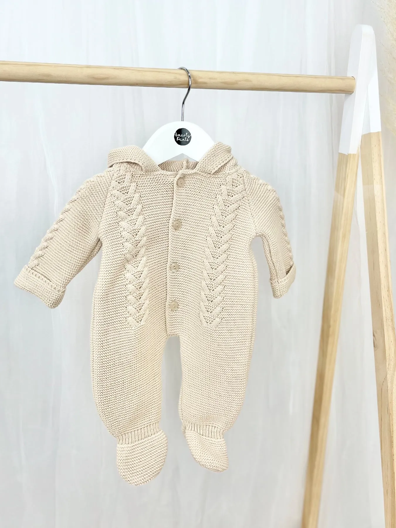 Unisex Taupe Knitted Pramsuit with Pom Pom Hood