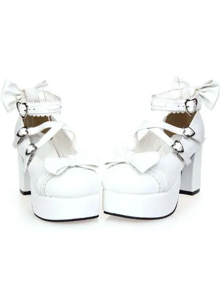 White Chunky Square Heels Lolita Shoes Platform Ankle Strap Heart Shape Buckles Bows