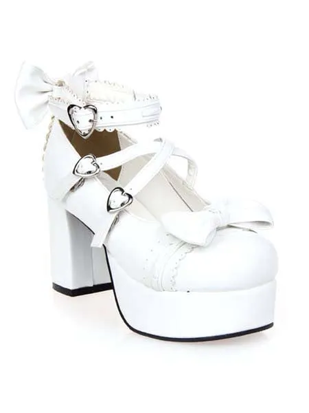 White Chunky Square Heels Lolita Shoes Platform Ankle Strap Heart Shape Buckles Bows