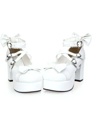 White Chunky Square Heels Lolita Shoes Platform Ankle Strap Heart Shape Buckles Bows