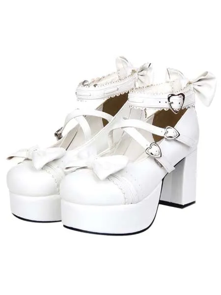 White Chunky Square Heels Lolita Shoes Platform Ankle Strap Heart Shape Buckles Bows