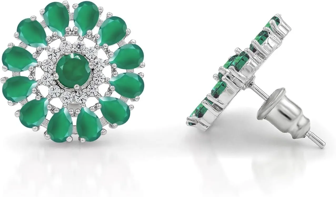White Gold Plated Flower Cluster Round Halo Stud Earrings