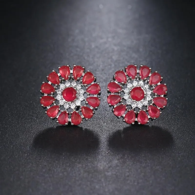 White Gold Plated Flower Cluster Round Halo Stud Earrings