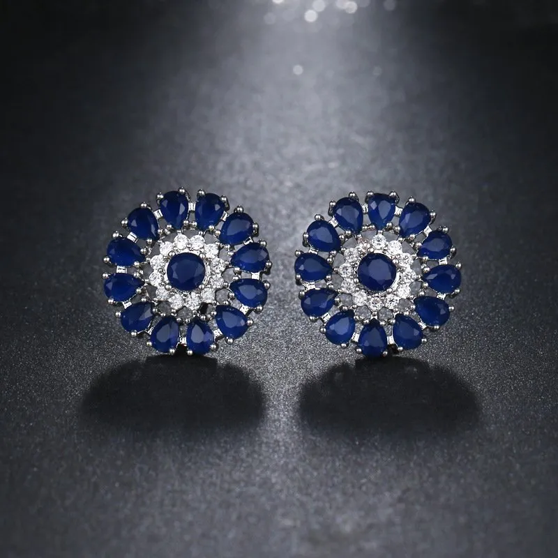 White Gold Plated Flower Cluster Round Halo Stud Earrings