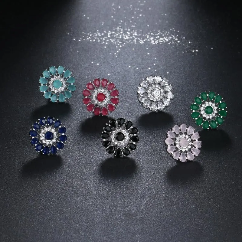 White Gold Plated Flower Cluster Round Halo Stud Earrings