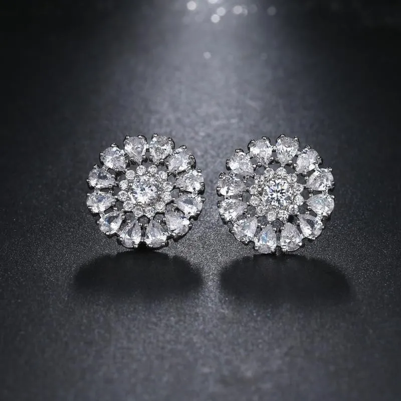 White Gold Plated Flower Cluster Round Halo Stud Earrings