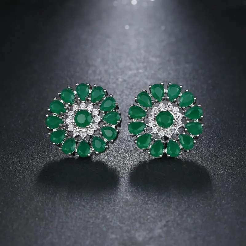 White Gold Plated Flower Cluster Round Halo Stud Earrings