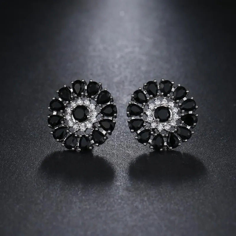 White Gold Plated Flower Cluster Round Halo Stud Earrings