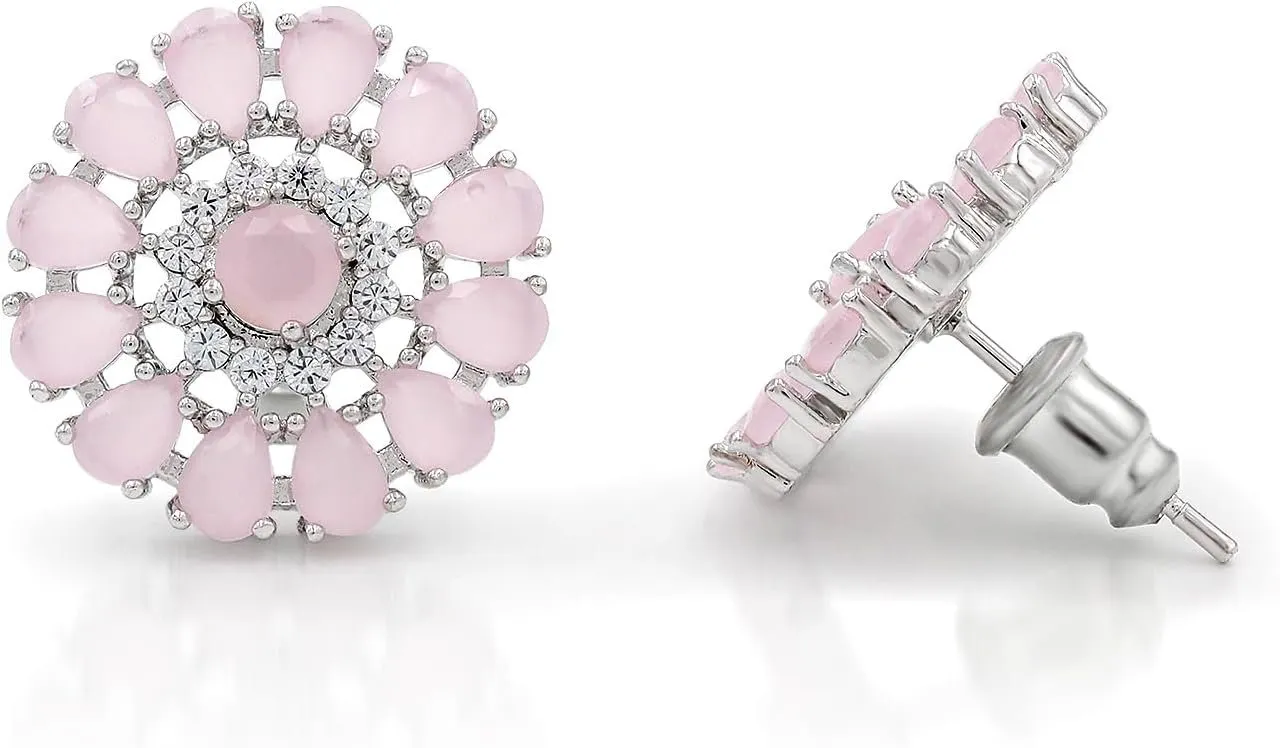 White Gold Plated Flower Cluster Round Halo Stud Earrings
