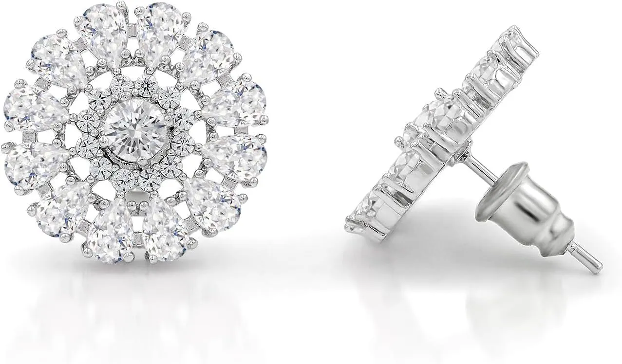 White Gold Plated Flower Cluster Round Halo Stud Earrings
