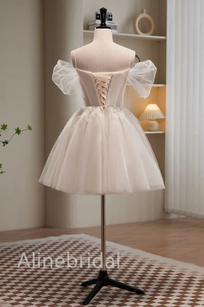White Off shoulder Sleeveless A-line Short Mini Homecoming Dress, HD3095