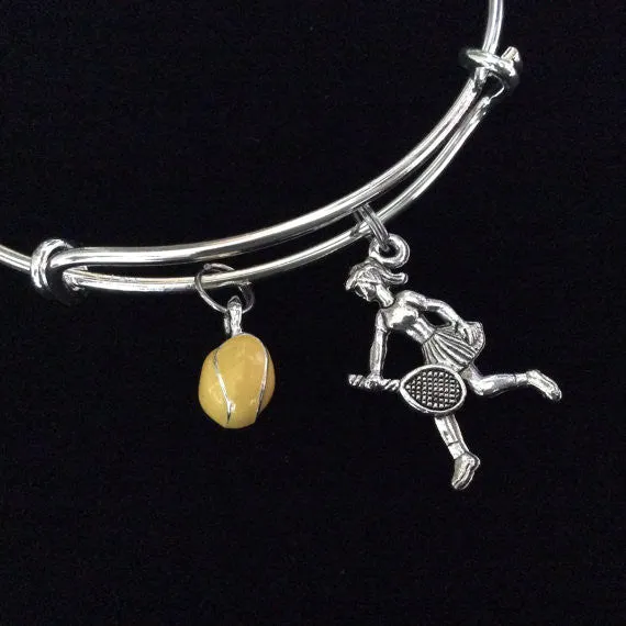 Yellow Tennis Ball and Player Charm Expandable Bracelet Adjustable Wire Bangle Trendy Stacking Team Sport Coach Gift